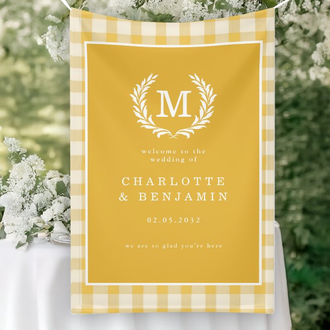 Yellow Gingham Monogram Wappen Wedding Welcome Banner (Yellow Gingham Monogram Crest Wedding Welcome Banner)