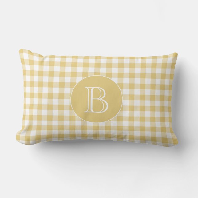 Yellow Gingham Pattern Custom Monogram Lendenkissen (Vorderseite)
