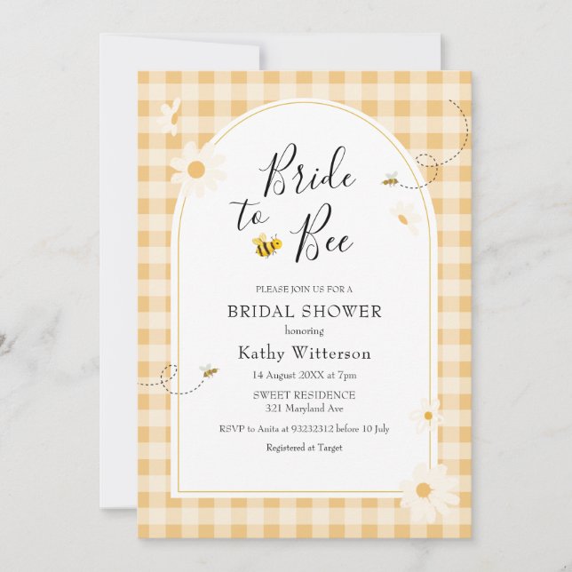 Yellow Gingham Wildblume Bridge to Bee Bridal Einladung (Vorderseite)