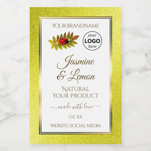 Yellow Glitzer White Product Labels Ladybug Logo Lebensmitteletikett (Einzelnes Label)
