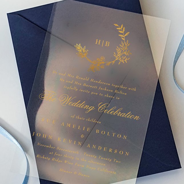 Yellow Gold Classic Floral Wreath Monogram Wedding Acryleinladungen (Von Creator hochgeladen)