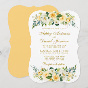 Yellow Gold Floral White Green Wedding Einladung