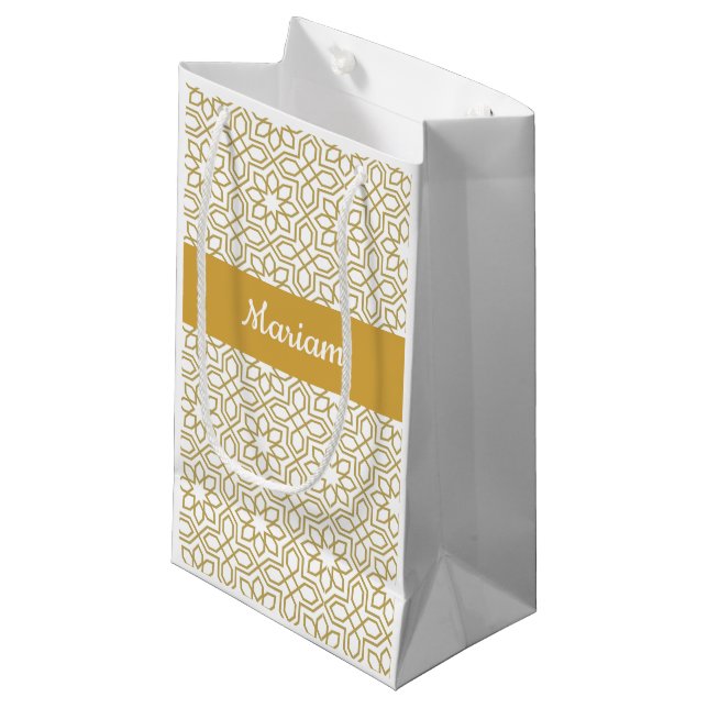 Yellow Gold Geometric White Monogram Name Kleine Geschenktüte (Vorderseite Schrägansicht)