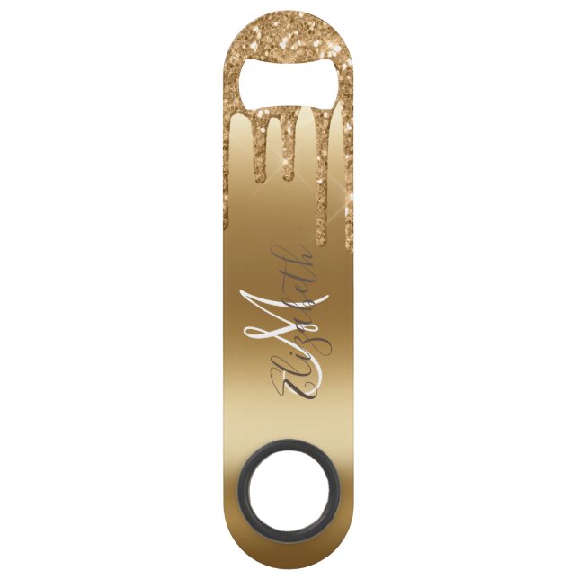 Yellow Gold Glitzer Look Tropfen Monogram Stilvoll Speed Flaschenöffner (Vorderseite)