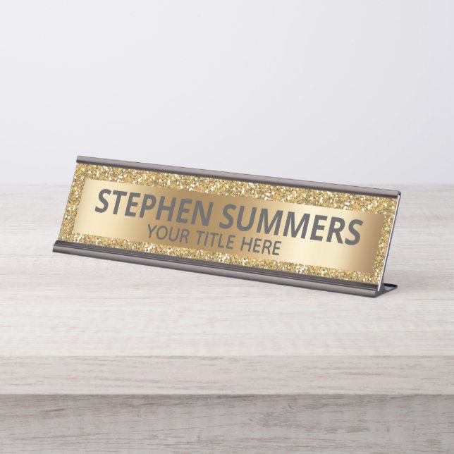 Yellow Gold Glitzer Sparkle Glam Custom Schreibtischnamensplakette (Vorderseite )