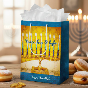 Yellow Gold Hanukkah Menorah Peace Liebe Light Bol Mittlere Geschenktüte