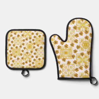 Yellow & Gold Küstenmuster mit Zitronen, Palmen &  Ofenhandschuh & Topflappen-Set