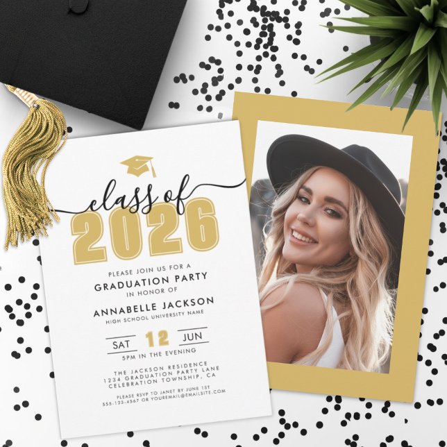 Yellow Gold Photo Graduation Party Einladung (Yellow Gold Photo Graduation Party Invitation)