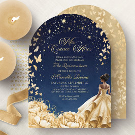 Yellow Gold Stars Butterfets Floral Quinceanera Einladung