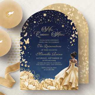 Yellow Gold Stars Butterfets Floral Quinceanera Einladung