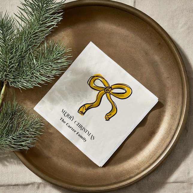 Yellow Gold Watercolor Christmas Bow Sketch Serviette (Yellow Gold Watercolor Christmas Bow Sketch Illustration Holiday Party Paper Napkins)