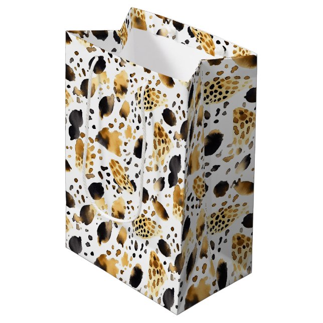 Yellow Gold White Black Leopard Mittlere Geschenktüte (Vorderseite Schrägansicht)