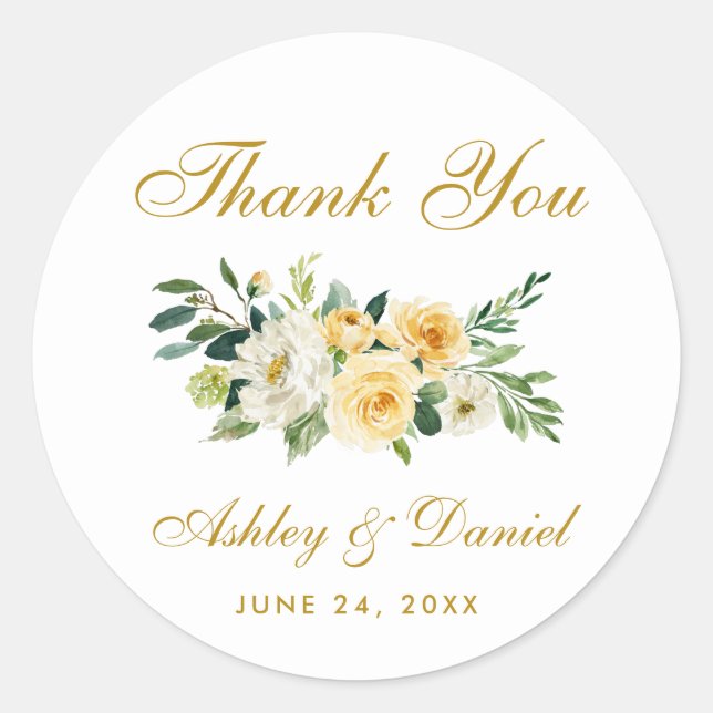 Yellow Gold White Floral Wedding Vielen Dank Runder Aufkleber (Vorderseite)