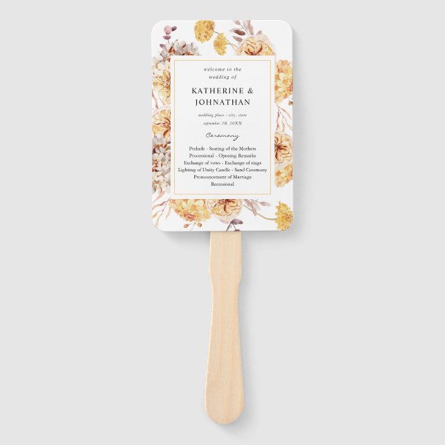 Yellow Golden Floral Wedding Program Hand Fan Fächer (Vorderseite)
