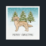 Yellow Golden Retriever Blue Winter Christmas Serviette<br><div class="desc">Desteis originelle Cartoon-Illustration einer niedlichen gelben Fell Farbe Golden Retriever Hund züchten. Der Hund ist in einer Winterlandschaft mit drei grünen Tannenbäumen und fallendem Schnee untergebracht. Der Hintergrund ist ein blaues bis weißes Gefälle, das das Design des kalten Wintertages verleiht. Es gibt auch einen personalisierbaren Textbereich, der jetzt lautet: "Frohe...</div>