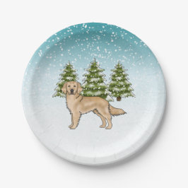 Yellow Golden Retriever Dog Blue Winter Weihnachte Pappteller