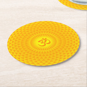 Yellow Golden Sun Lotus Blume Meditation Rad OM Runder Pappuntersetzer
