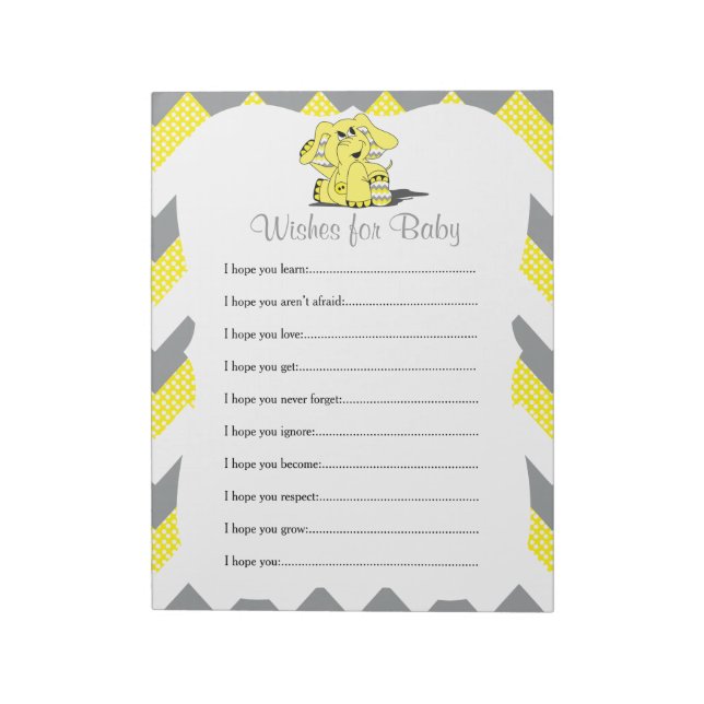 Yellow & Grau Zickzack Elephant Baby wünscht sich Notizblock (Rotiert)