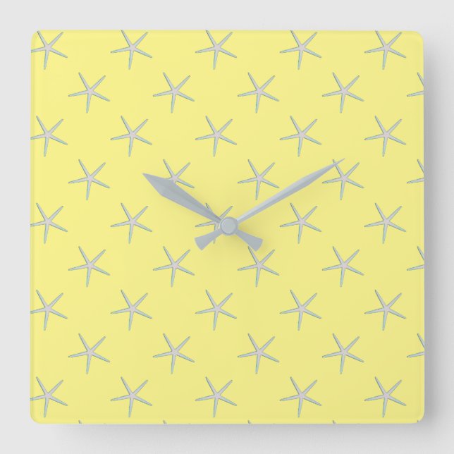 Yellow Gray Aquamarin Starfish Patterns Moderne Quadratische Wanduhr (Vorderseite)