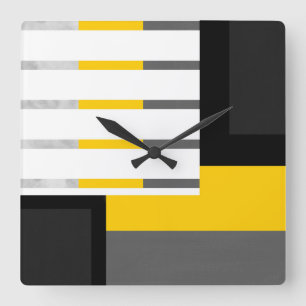 Yellow Gray Black and White Striped Block Quadratische Wanduhr