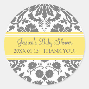 Yellow Gray Damask Baby Dusche Pflegeaufkleber Runder Aufkleber