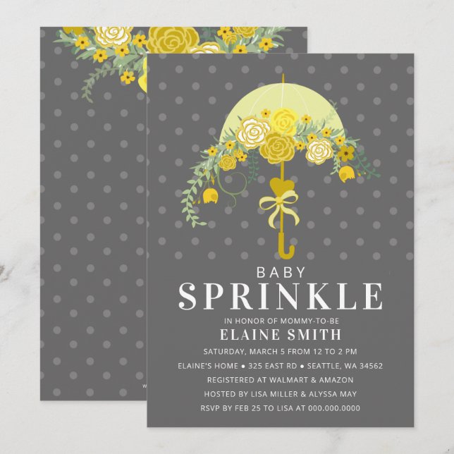 Yellow Gray Floral Umbrella Neutral Baby Dusche Einladung (Vorne/Hinten)