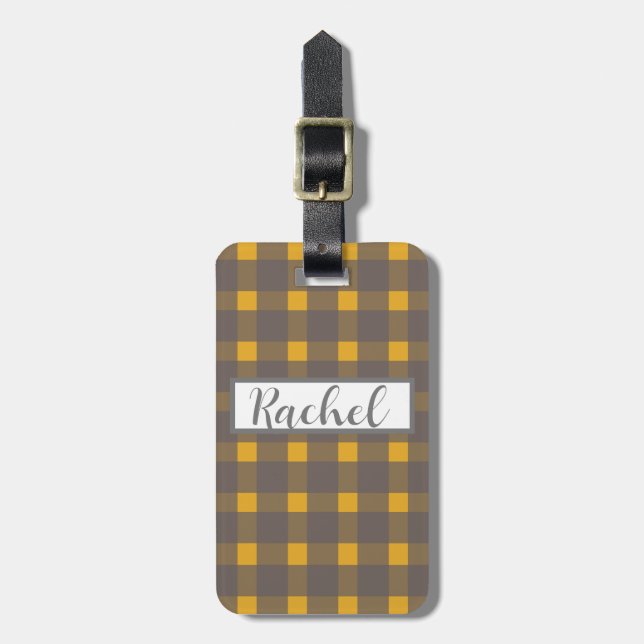 Yellow Gray Gingham Personalisiert Gepäckanhänger (Vorderseite vertikal)