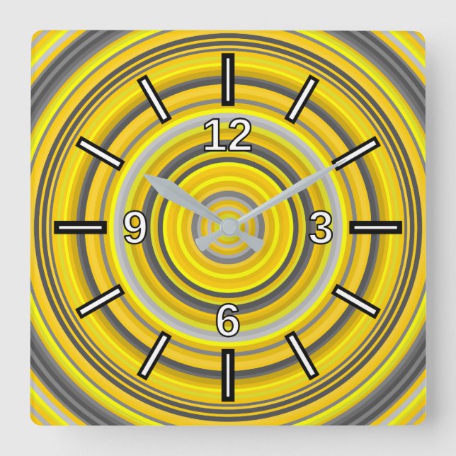 Yellow & Gray Nested Circles Pattern Square Clock Quadratische Wanduhr (Vorderseite)
