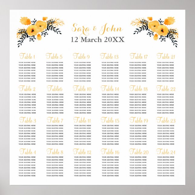 yellow gray watercolor floral wedding seating plan poster (Vorne)