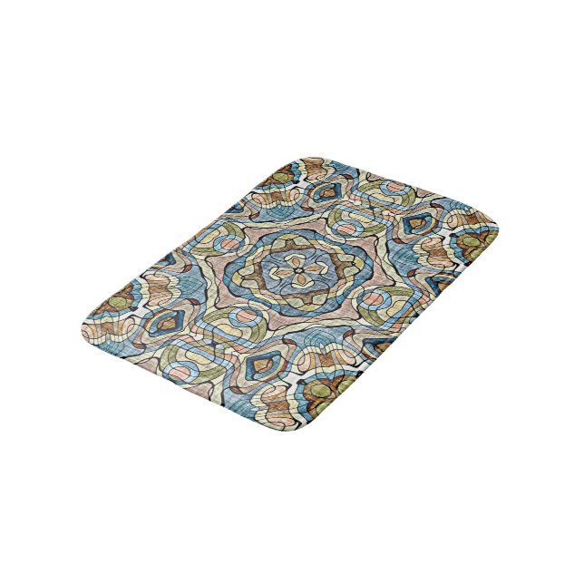 Yellow Green Aquamarin Blue Orange Tribal Art Badematte (Schrägansicht)