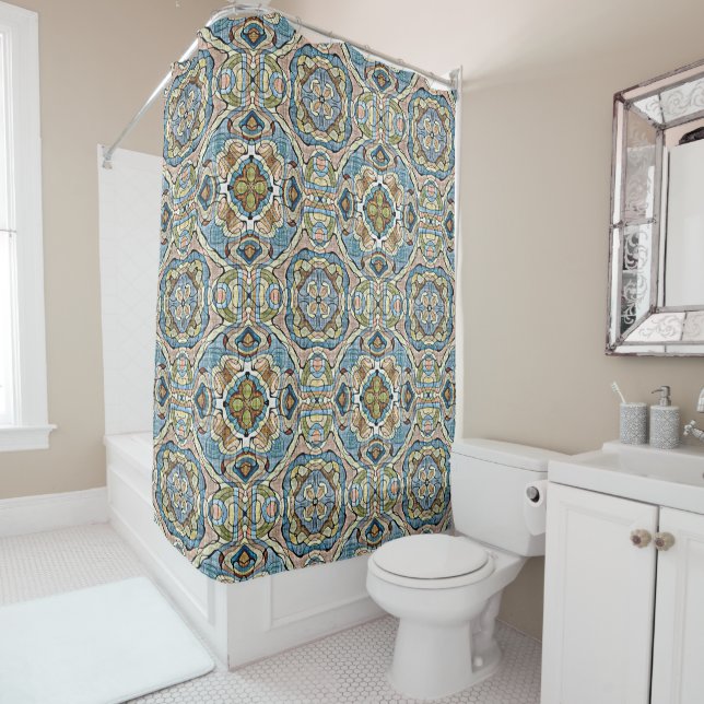 Yellow Green Aquamarin Blue Orange Tribal Art Duschvorhang (Beispiel)