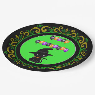 Yellow Green Black Cat Happy Halloween Balloons Pappteller