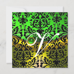 YELLOW GREEN EMERALD BLACK DAMASK MONOGRAMM EINLADUNG
