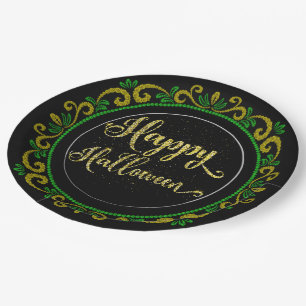 Yellow Green Gold Glitzer auf Black Happy Hallowee Pappteller