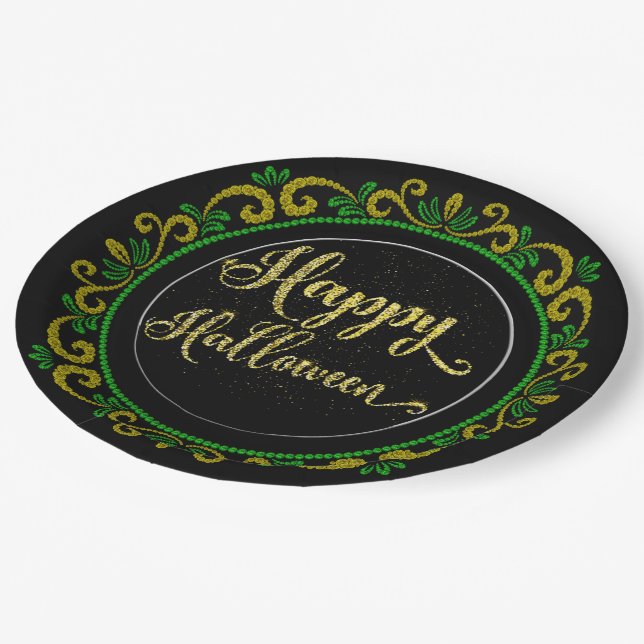 Yellow Green Gold Glitzer auf Black Happy Hallowee Pappteller (Schrägansicht)