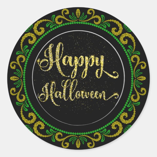 Yellow Green Gold Glitzer auf Black Happy Hallowee Runder Aufkleber (Vorderseite)