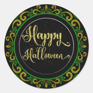 Yellow Green Gold Glitzer auf Black Happy Hallowee Runder Aufkleber