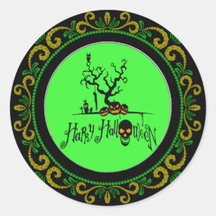 Yellow Green Happy Halloween Grave Yard Runder Aufkleber