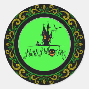 Yellow Green Happy Halloween Spuk Haus Runder Aufkleber