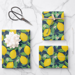 Yellow Green Navy Blue Lemon Muster Geschenkpapier Set