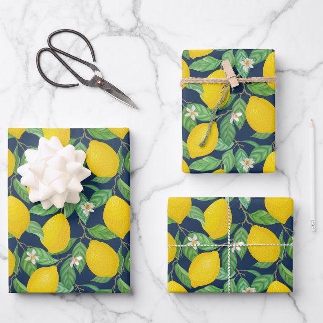 Yellow Green Navy Blue Lemon Muster Geschenkpapier Set (Vorderseite)