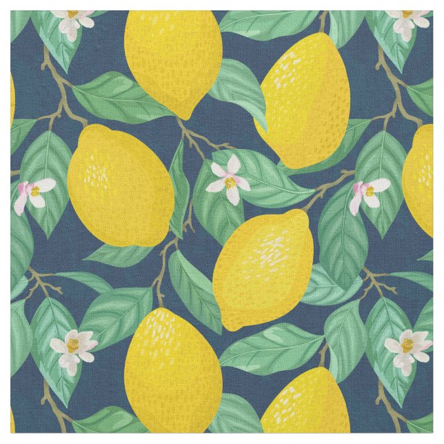 Yellow Green Navy Blue Lemon Muster Stoff (Nahaufnahme)