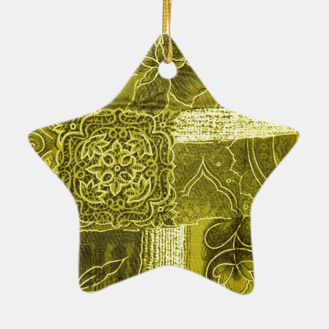 Yellow Green Patchwork Stoff Textur Keramik Ornament (Hinten)