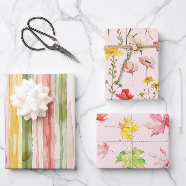 Yellow Green Pink Stripes Leaves Floral Birthday Geschenkpapier Set (Vorderseite)