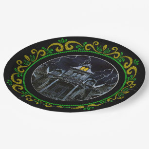 Yellow Green Spuk House Halloween Pappteller