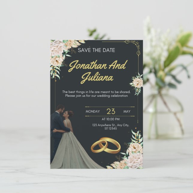 Yellow & Green Vintage Wedding Invitation Einladung (Stehend Vorderseite)