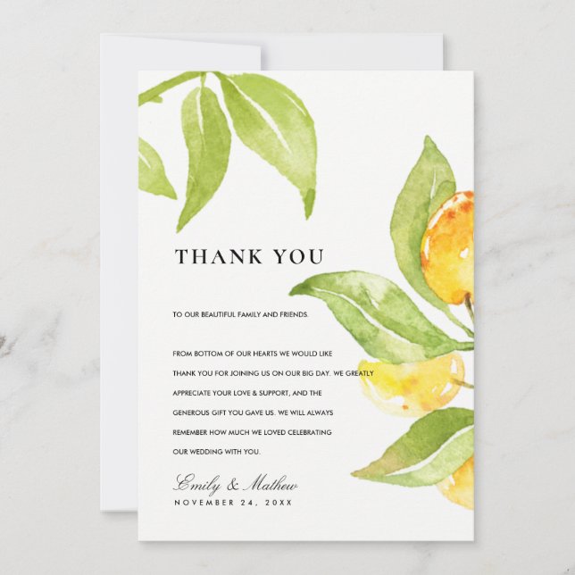 YELLOW GREEN WATERCOLOR FOLIAGE OLIVE DANK DANKESKARTE (Vorderseite)