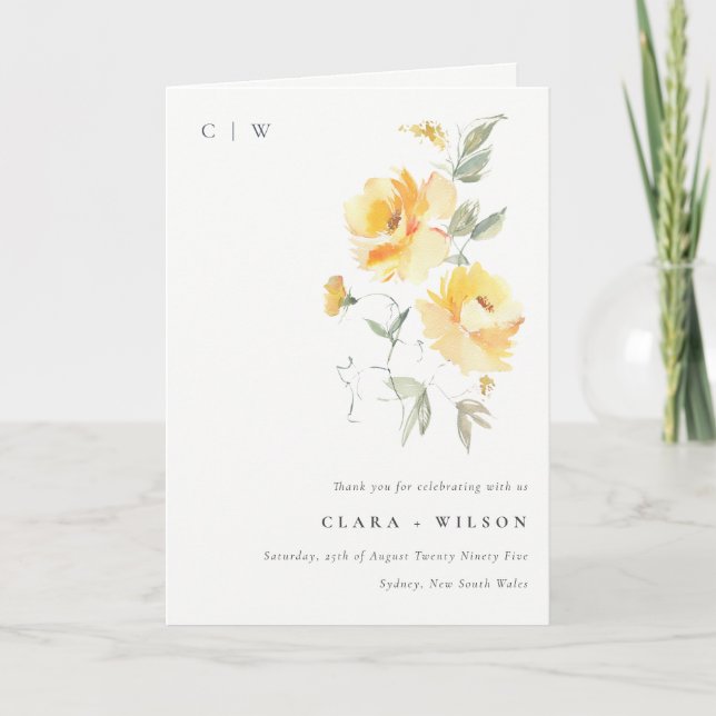 Yellow Green Watercolor Rose Blume Hochzeit Dankeskarte (Vorderseite)
