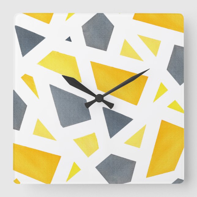 Yellow Grey Abstrakt Geometric Quadratische Wanduhr (Vorderseite)