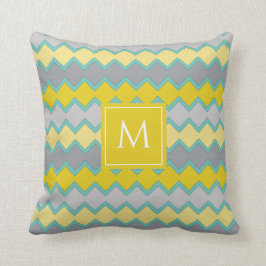 Yellow Grey Aqua Geometric Muster Monogram Kissen